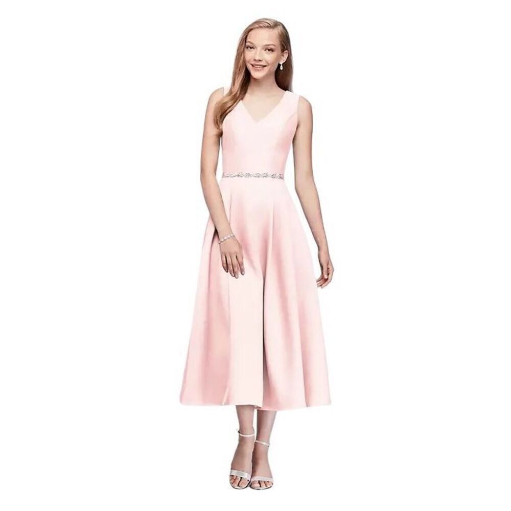 OLEG CASSINI v-neck mikado tea-length bridesmaid dress in petal pink size 2 NWT
